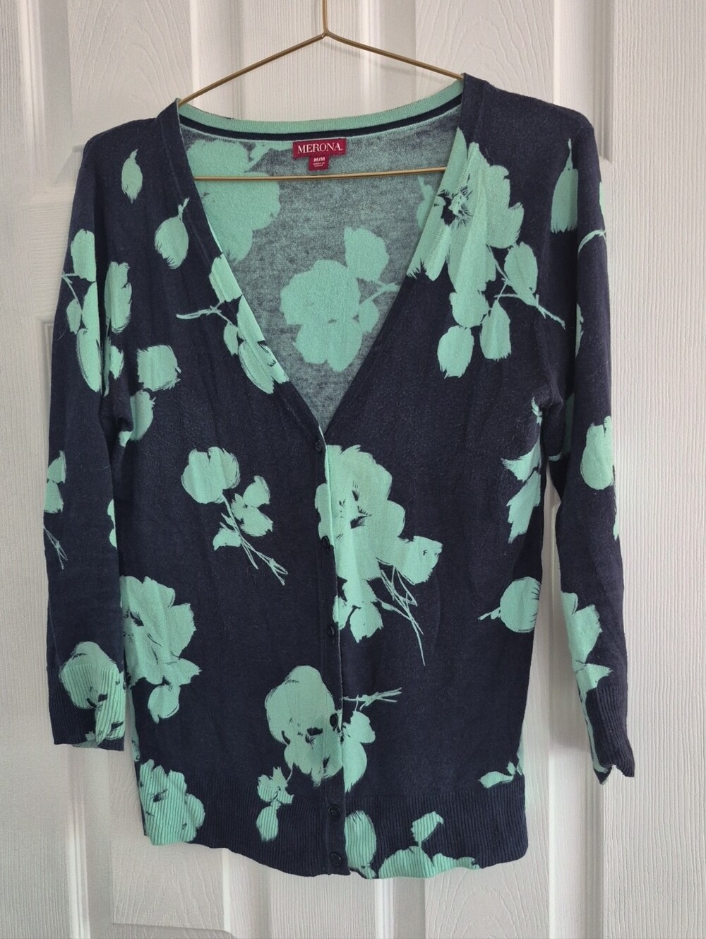 Merona Navy V-Neck Cardigan with Mint Floral Print